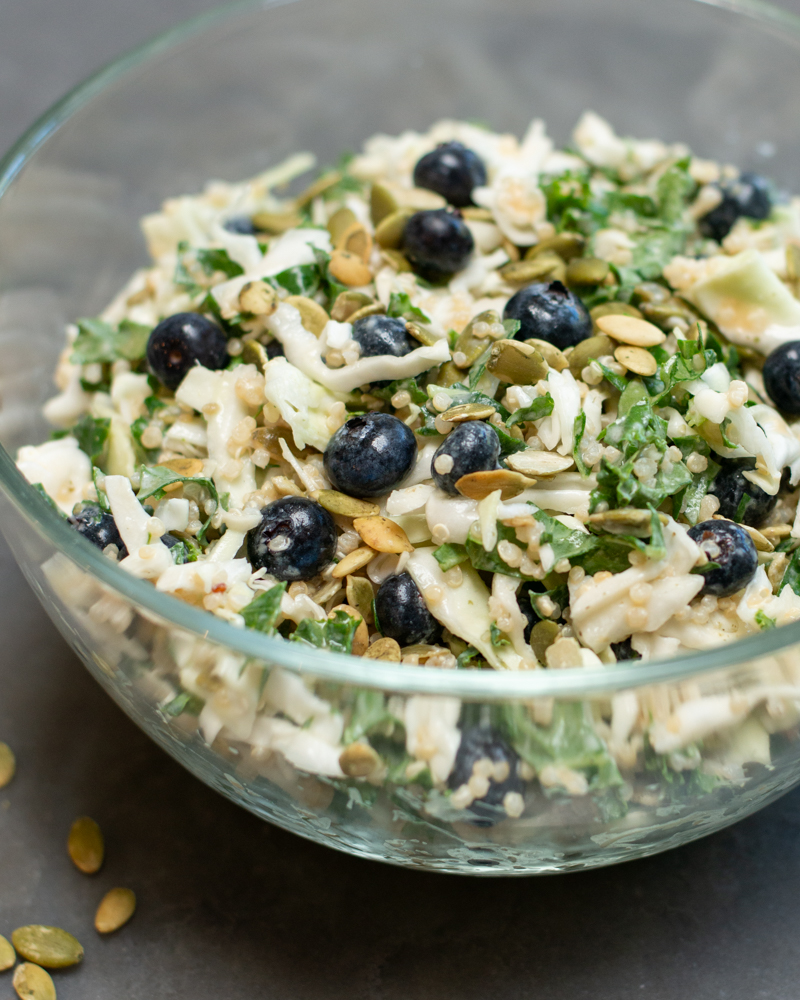 kale-cabbage-slaw-quinoa-blueberries-pumpkin-seeds-vegan-protien-salad-healthy-sides